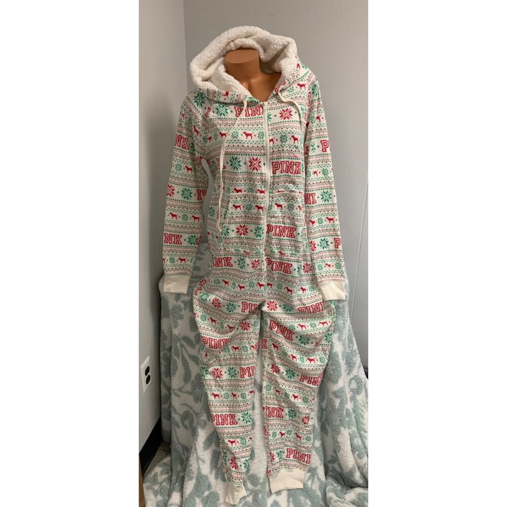 Victoria’s Secret Pink Hooded Sherpa Long Jane One Piece Onesie Pajamas Large